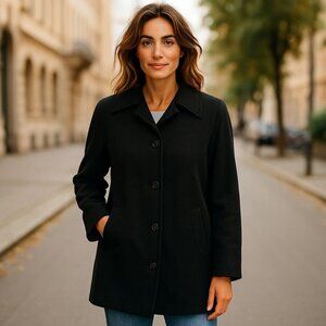 Jones New York Black Wool Coat Women’s L Notch Lapel Long Winter Jacket Classic
